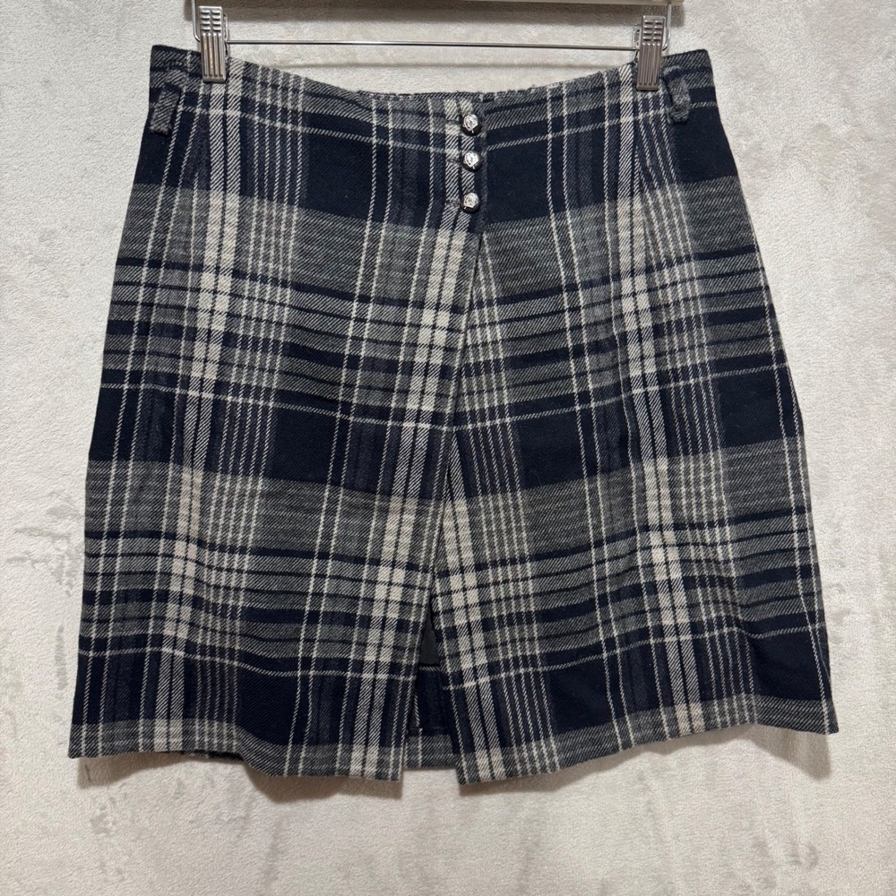 VTG Lauren Ralph Navy Blue Grey Plaid 100% Worsted Wool‎ Skirt Sz 8 Made in USA